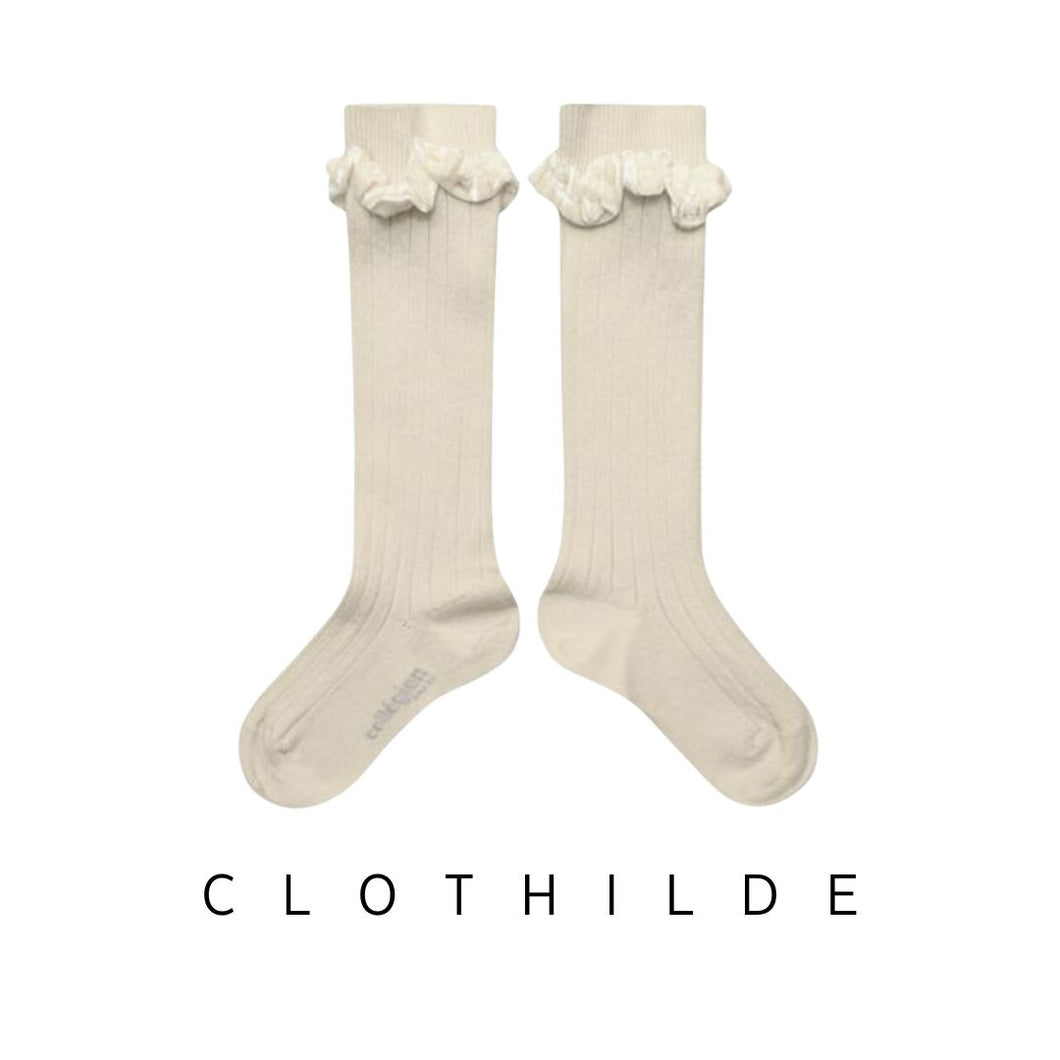 [預購] Collegien | Clothilde - Velvet-Trim Ribbed Knee Socks (Lamb)