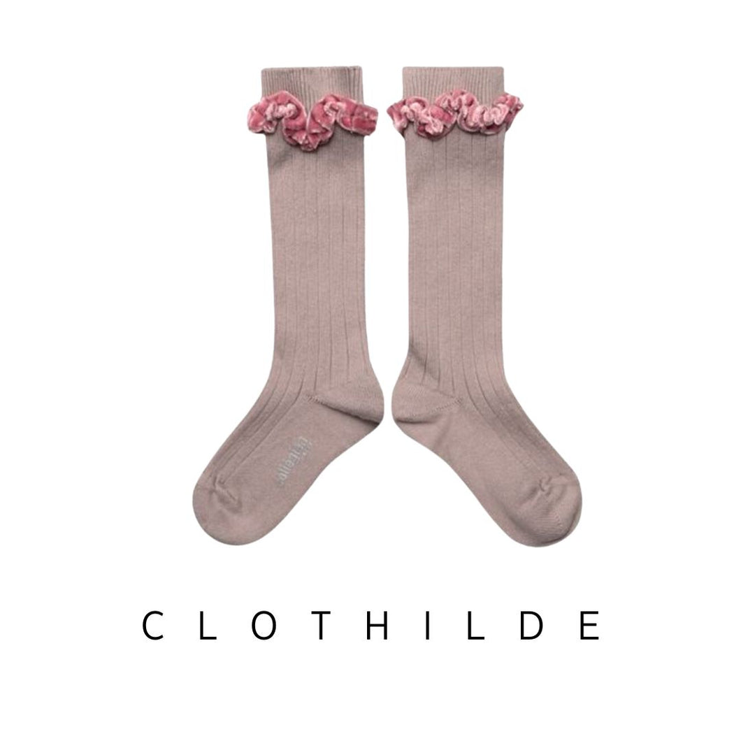 [預購] Collegien | Clothilde - Velvet-Trim Ribbed Knee Socks (Rose)