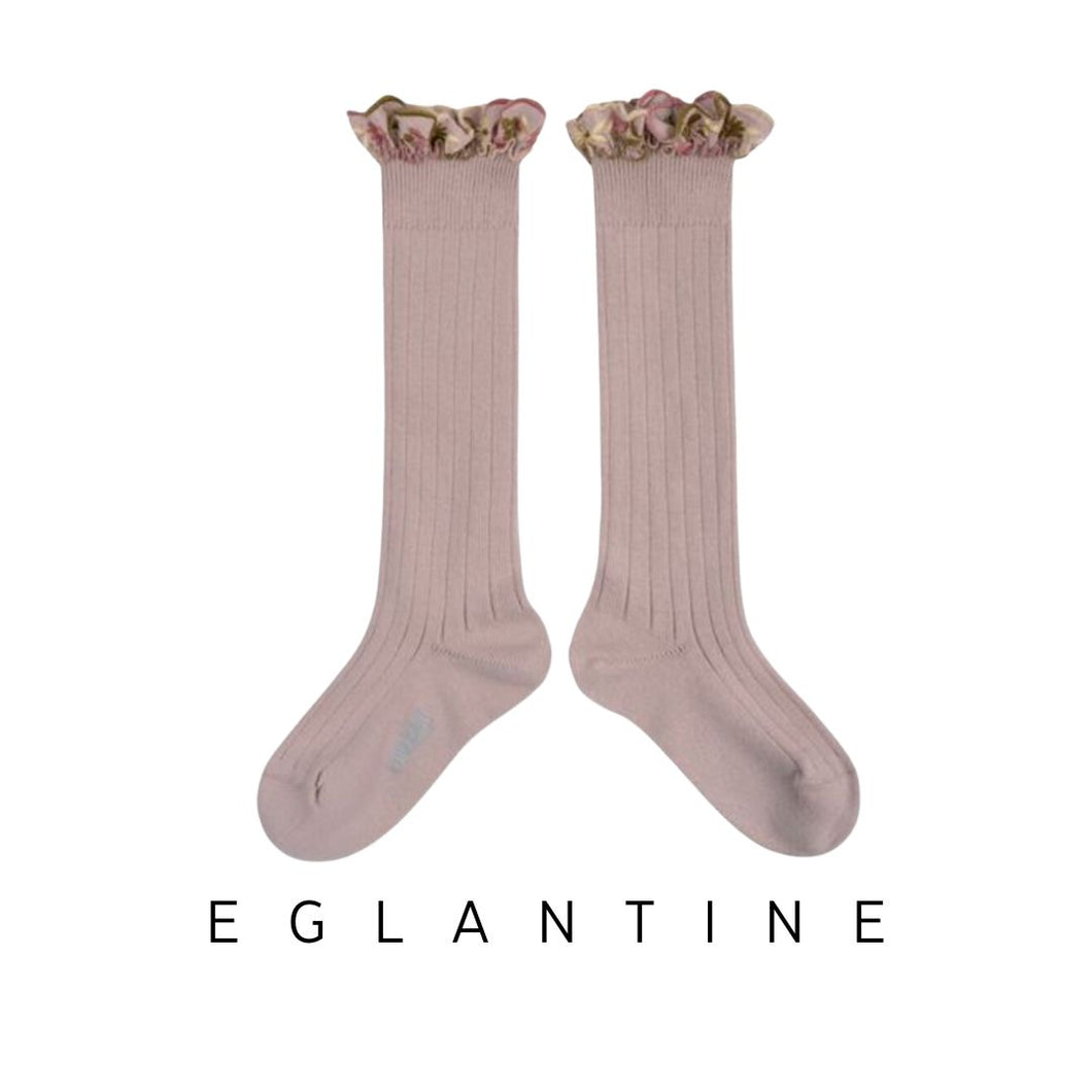 [預購] Collegien | Eglantine - Embroidered Ruffle Knee-High Socks (Old Rose)