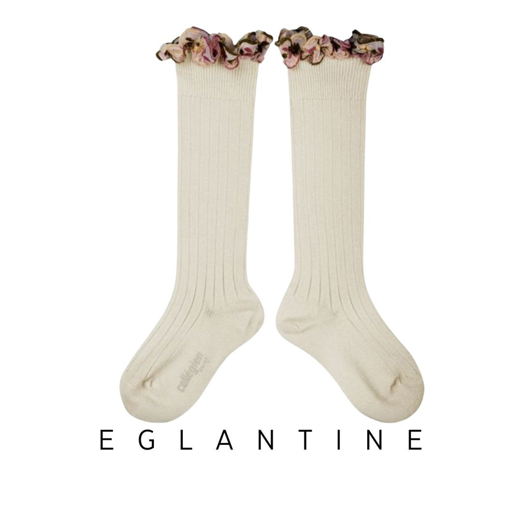 [預購] Collegien | Eglantine - Embroidered Ruffle Knee-High Socks (Lamb)